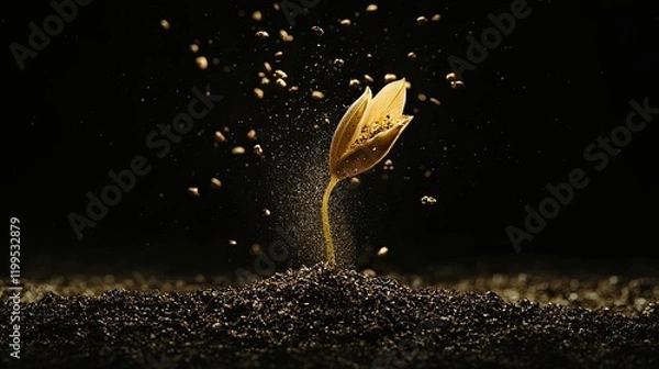 Fototapeta Green leaf floating above soil with tiny particles suspended in the air. Textured surface, dark tones, mysterious, nature symbolism, artistic composition, contrast. Generative AI.