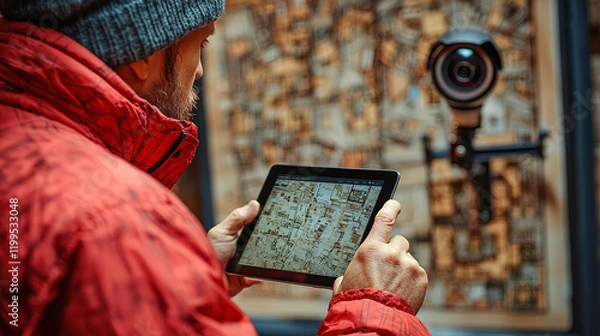 Fototapeta Man using a tablet to analyze a map while standing near a camera setup in an indoor environment. Generative AI