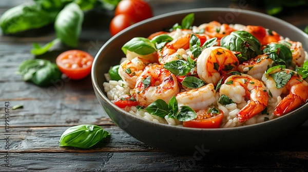 Fototapeta Delicious shrimp risotto with fresh herbs and cherry tomatoes served in a rustic bowl on a wooden table. Generative AI