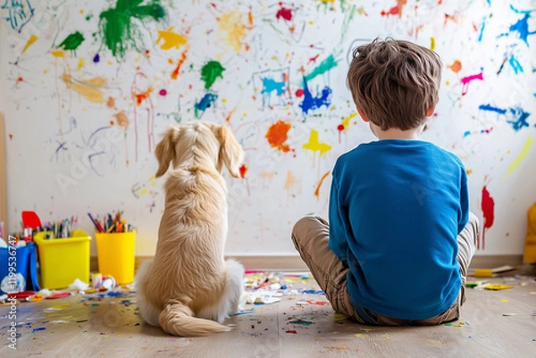 Fototapeta child and dog sit together, observing colorful, messy wall filled with paint splatters. Their bond is evident in this creative space