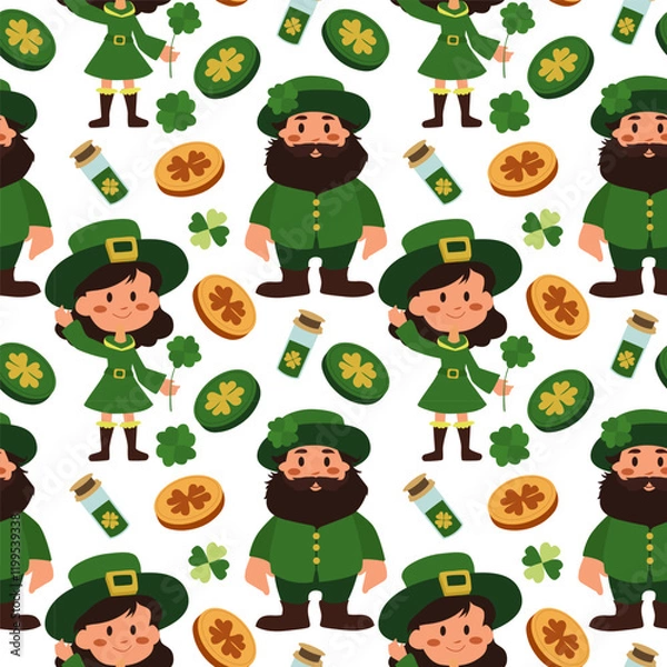 Fototapeta Festive vector design featuring cheerful characters and symbols of St. Patrick's Day celebration with green tones and festive elements. Seamless vector pattern