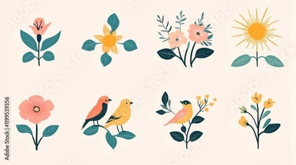 Fototapeta Spring icon set with flat-style flowers, birds, and sunbursts