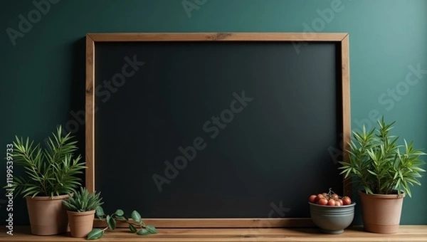 Fototapeta A dark oceanic gradient background offers a blank wooden signage board with ample space for text