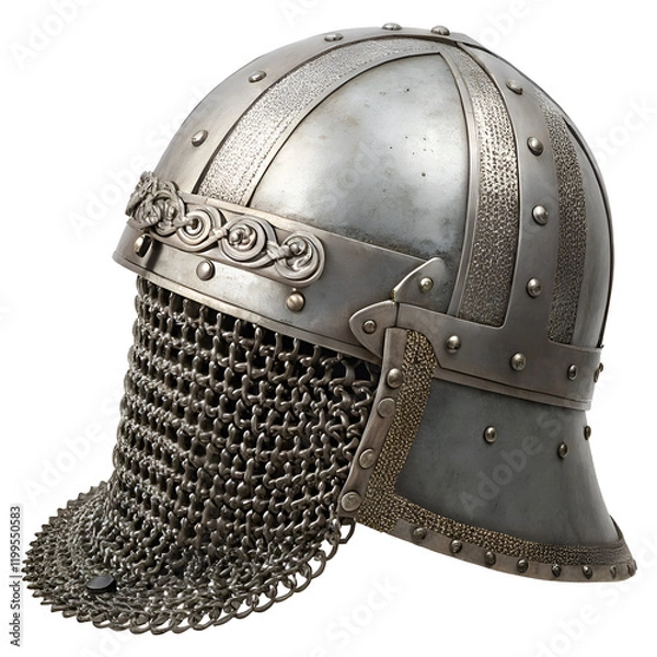 Fototapeta Chainmail armor helmet in isolate white background