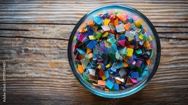 Fototapeta An intimate view of a glass container filled with small vibrant pieces of recycled plastic each fragment reflecting different colors and shapes set against a simple wooden table.
