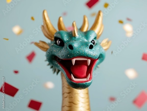 Fototapeta Close-up of a playful teal dragon head with golden horns, open mouth, and festive confetti against a light background.
