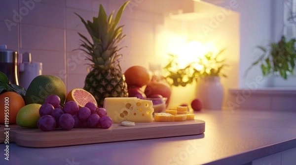 Fototapeta Fresh fruits and cheese on kitchen counter at dusk.