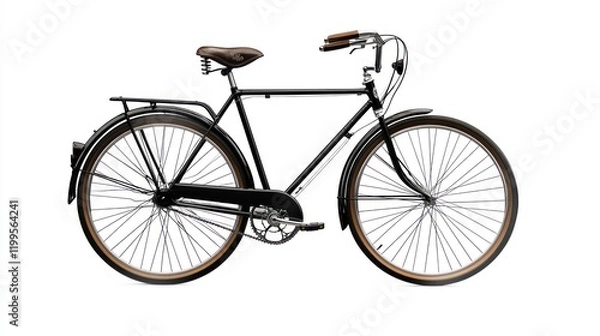 Fototapeta Classic black bicycle with brown leather seat and fenders, isolated on white.