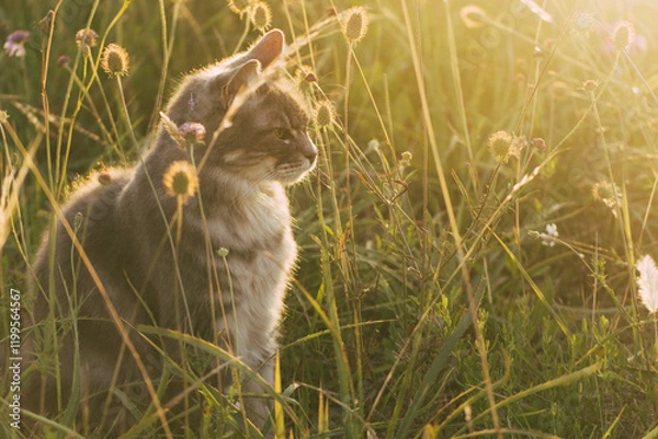 Obraz Beautiful cat in a flower field at sunset