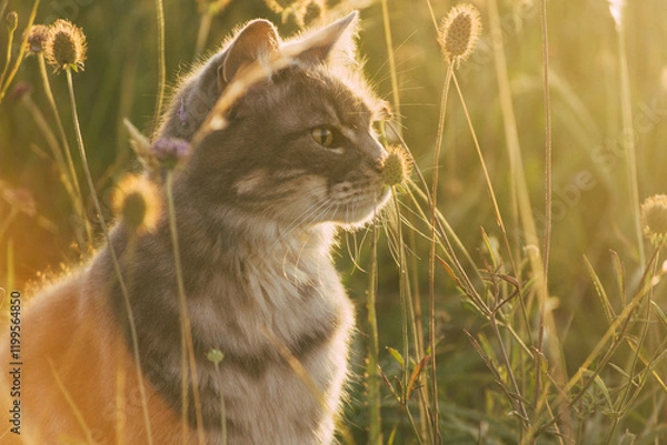 Obraz Beautiful cat in a flower field at sunset