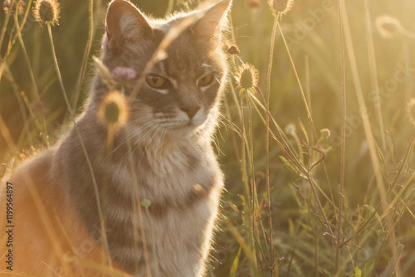 Obraz Beautiful cat in a flower field at sunset