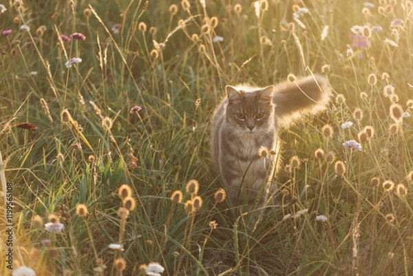 Obraz Beautiful cat in a flower field at sunset