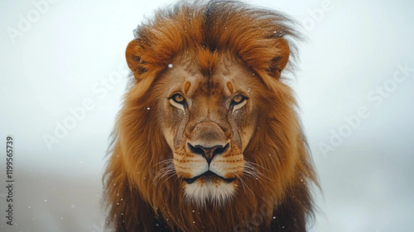 Fototapeta A lion with a long mane and a snow-covered background