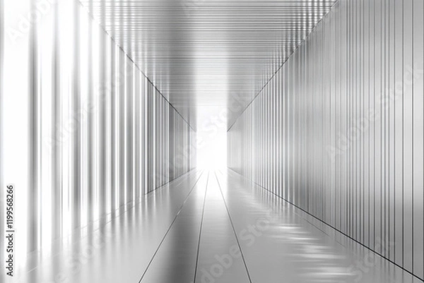 Fototapeta A long, white and silver metal-lined corridor with light at the end, a minimalist background