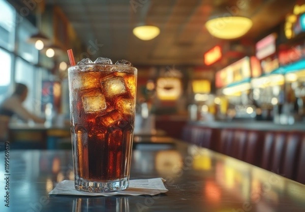 Fototapeta Refreshing Glass of Cold Cola with Ice Cubes on a Table in a Retro Cafe Atmosphere with Blurred Background and Warm Lighting