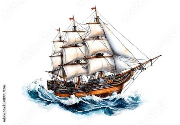 Fototapeta Majestic Sailing Ship with Billowing White Sails Navigating Through Turbulent Ocean Waves, Capturing the Spirit of Exploration and Adventure on the High Seas