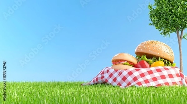 Fototapeta Delicious Picnic Setup Featuring Juicy Burgers and Fresh Vegetables on a Red Checkered Cloth Against a Bright Blue Sky and Lush Green Grass