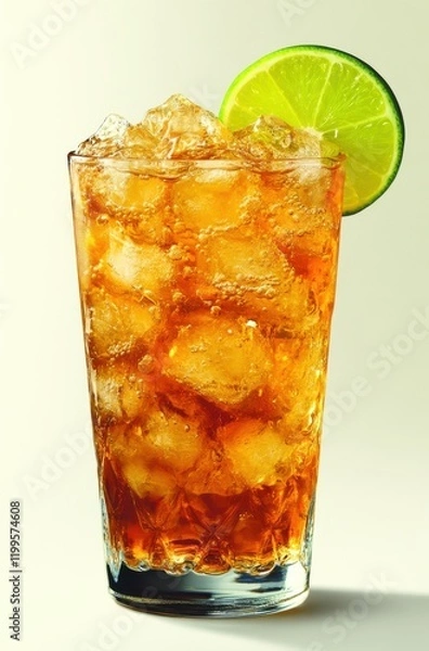 Fototapeta Refreshing iced beverage chilled with ice cubes and garnished with a slice of lime, perfect for summer enjoyment or casual gatherings, highlighting vibrant colors and texture.