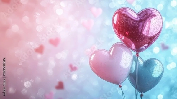 Fototapeta Soft and romantic Valentine Day background with heart shaped balloons, creating dreamy atmosphere filled with love and joy. Perfect for celebrations and special moments