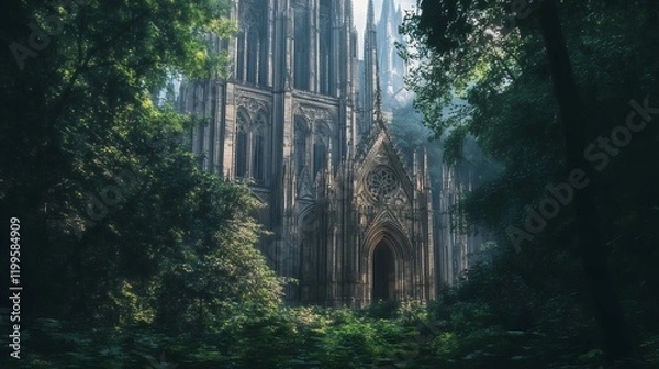 Fototapeta Gothic Church Hidden in Lush Forest Mysterious Architecture Photography