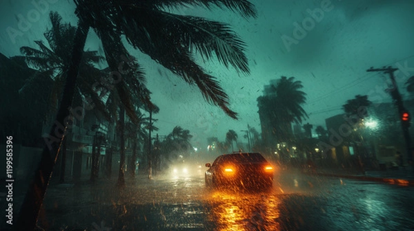 Fototapeta Hurricane wind in the city, rain, typhoon, palm trees tilted heavily by the wind