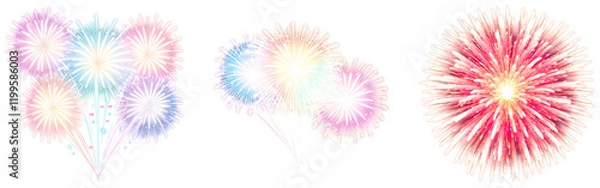 Obraz Set of colored fireworks bursting on a transparent background