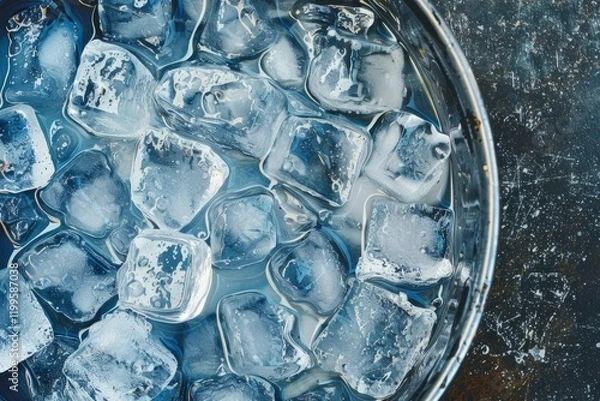 Fototapeta Metal bowl filled with ice cubes on a wet dark surface. Overhead view.