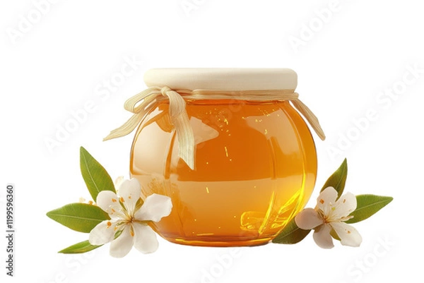 Fototapeta Jar of golden honey surrounded by white flowers and green leaves on a clean background