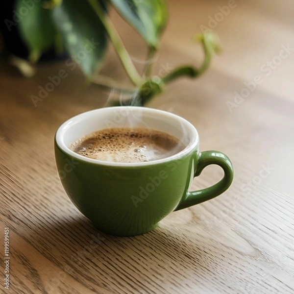 Fototapeta A photo of a green coffee cup with a steaming beverage inside. The cup is placed on a wooden surface. There's a

green plant in the background. The lighting is soft.