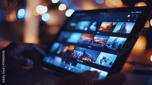 Fototapeta A tablet illuminated against a dark backdrop features an online video app.