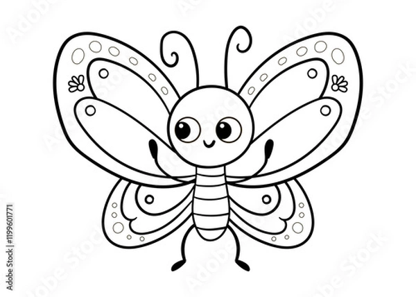 Fototapeta Cute black and white butterfly on a white background. Children's coloring book. Vector illustration with insect in cartoon style.