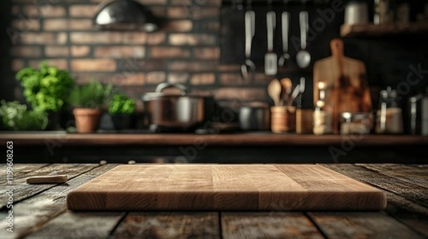 Fototapeta Rustic kitchen countertop with wooden cutting board.