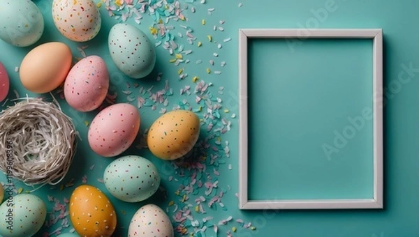 Obraz Flat lay photo of colorful Easter eggs and sprinkles on teal background and white photo frame in the middle. Holiday card idea