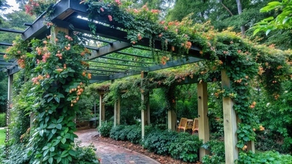 Fototapeta A wooden pergola covered in green vines with orange flowers and a brick pathway.