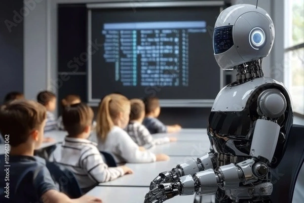 Fototapeta Technology-driven education is evolving with robotic instructors. 
