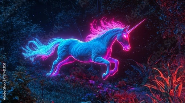 Fototapeta Magical Neon Unicorn Galloping Through Enchanted Forest at Night