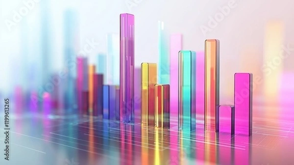 Fototapeta A digital bar chart, modern business concept, holographic effect, gradient tones, isolated on white background. 