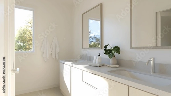 Fototapeta bathroom plumbing storage. A bright, modern bathroom featuring minimalistic design, large mirrors, and a clean aesthetic with natural light streaming in.