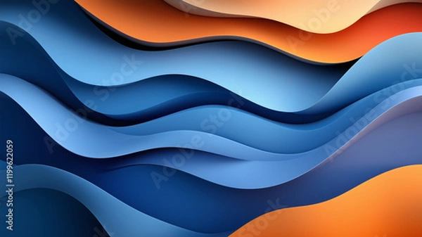 Fototapeta Layers of blue and orange waves create dynamic and vibrant abstract design. smooth gradients and flowing shapes evoke sense of movement and depth, perfect for modern backgrounds