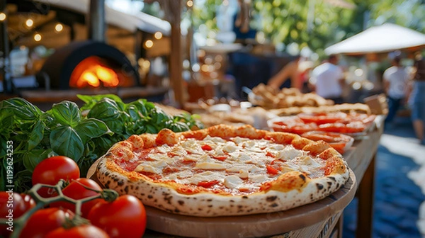 Fototapeta Freshly baked pizza topped with mozzarella and tomato sauce on wooden table, with wood-fired oven and vibrant outdoor market setting in the background