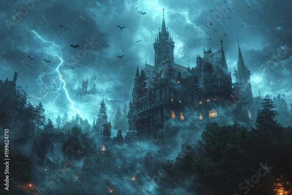 Fototapeta Vampire Castle Towers Under Stormy Sky With Bats and Lightning