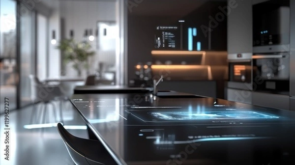 Fototapeta Modern smart kitchen with interactive countertop.