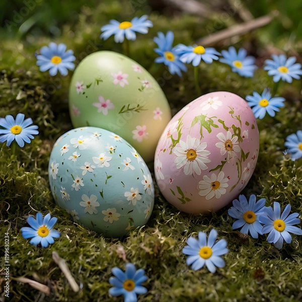 Fototapeta Easter Colored Eggs in Grass - Festive Spring Decoration