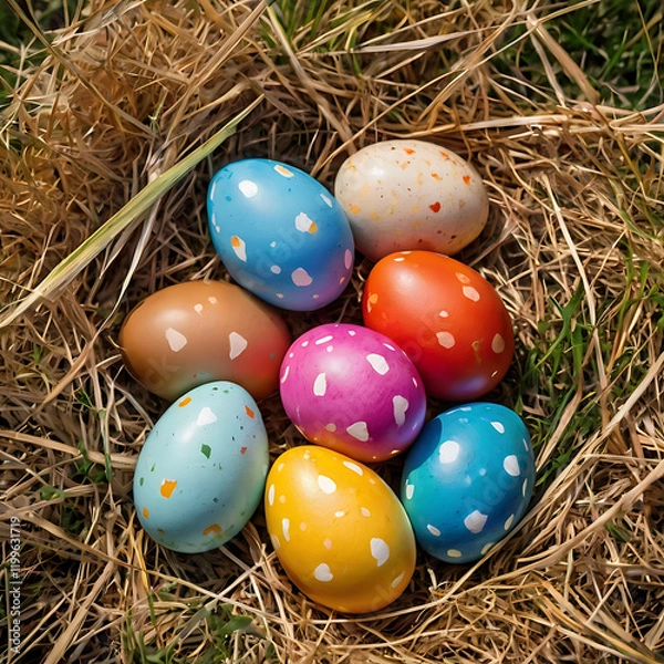 Fototapeta Easter Colored Eggs in Grass - Festive Spring Decoration