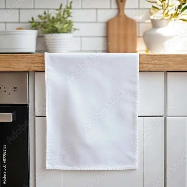 Fototapeta White Blank Rectangular Tea Towel with Smooth Area Hanging on Oven Door