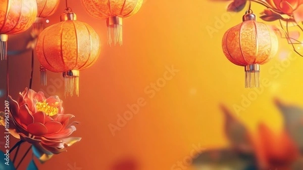 Fototapeta Chinese New Years, A bunch of orange lanterns hanging from the ceiling
