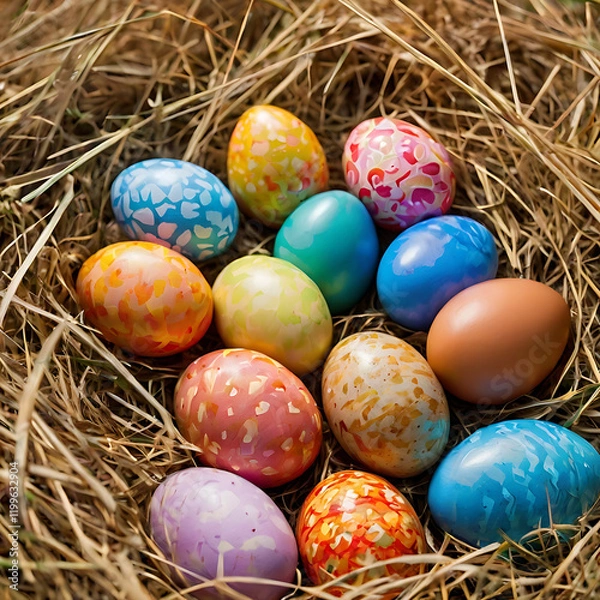 Fototapeta Easter Colored Eggs in Grass - Festive Spring Decoration