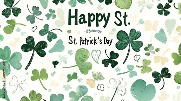 Fototapeta A green and white background with a lot of clovers and hearts