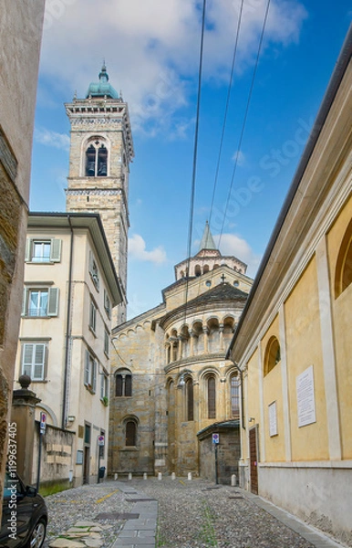 Fototapeta Basilica of Santa Maria Maggiore in Citta Alta, Bergamo, Italy. Historical cathedral architecture of Old town. Beautiful medieval church 