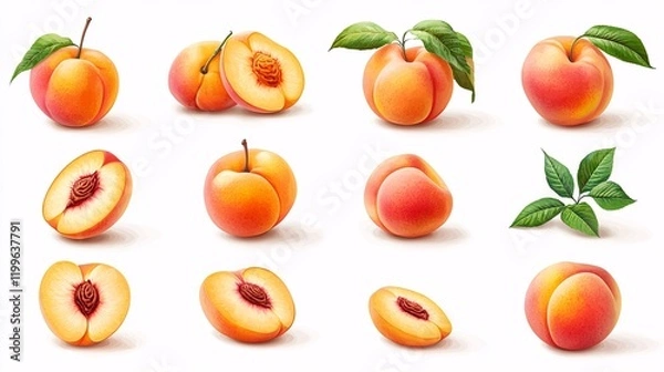 Fototapeta A collection of 12 realistic peach illustrations in different poses: whole, halved, sliced, with vibrant leaves for a fresh, natural look.